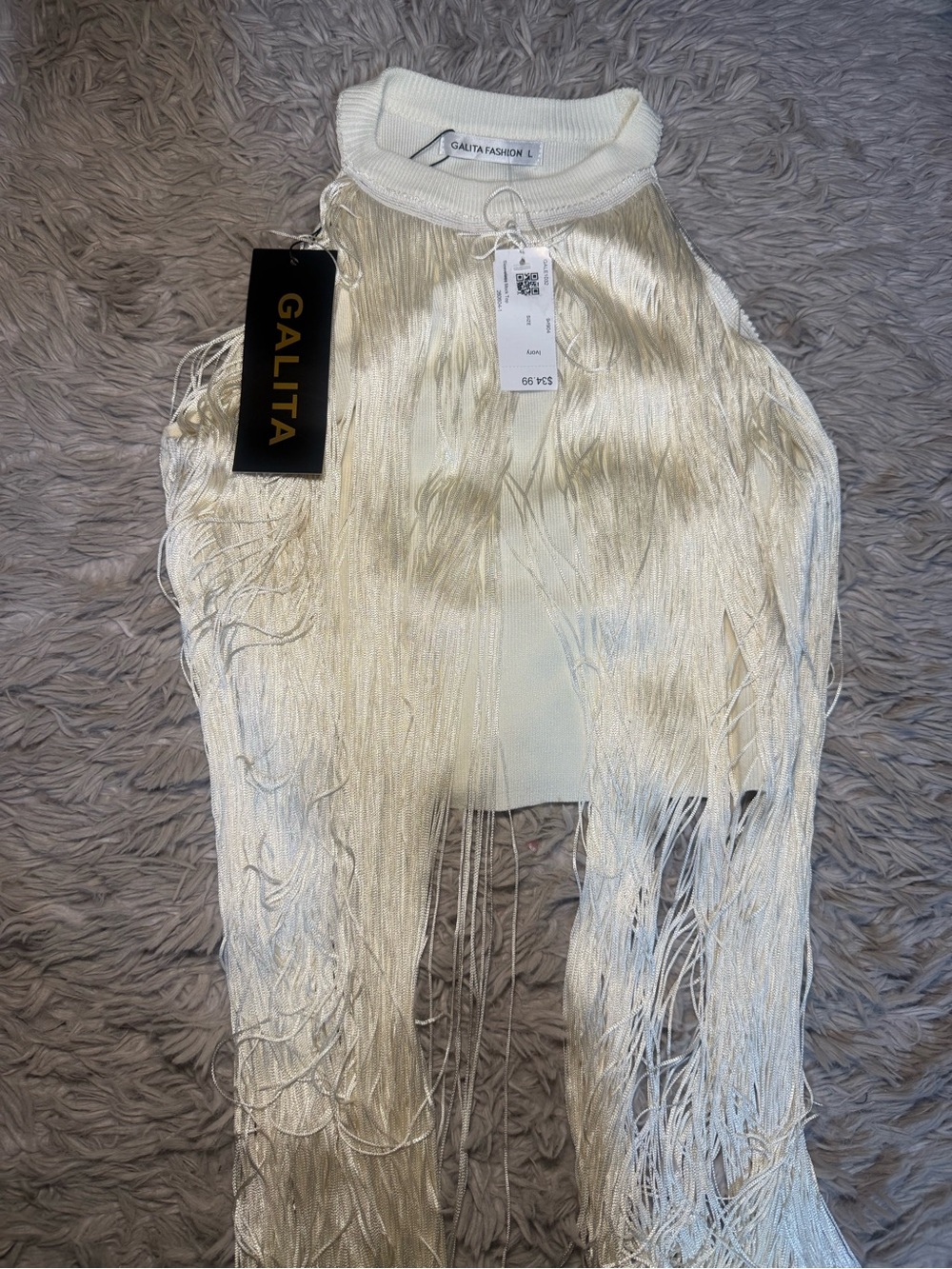 NWT Galita Ivory Sleeveless Long Fringe Top Size L